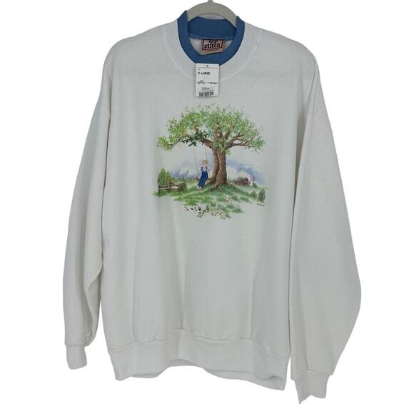 Vintage Tops - Vintage 90 Top Stitch Sweatshirt Graphic Embroidered Countryside Tree XL USA